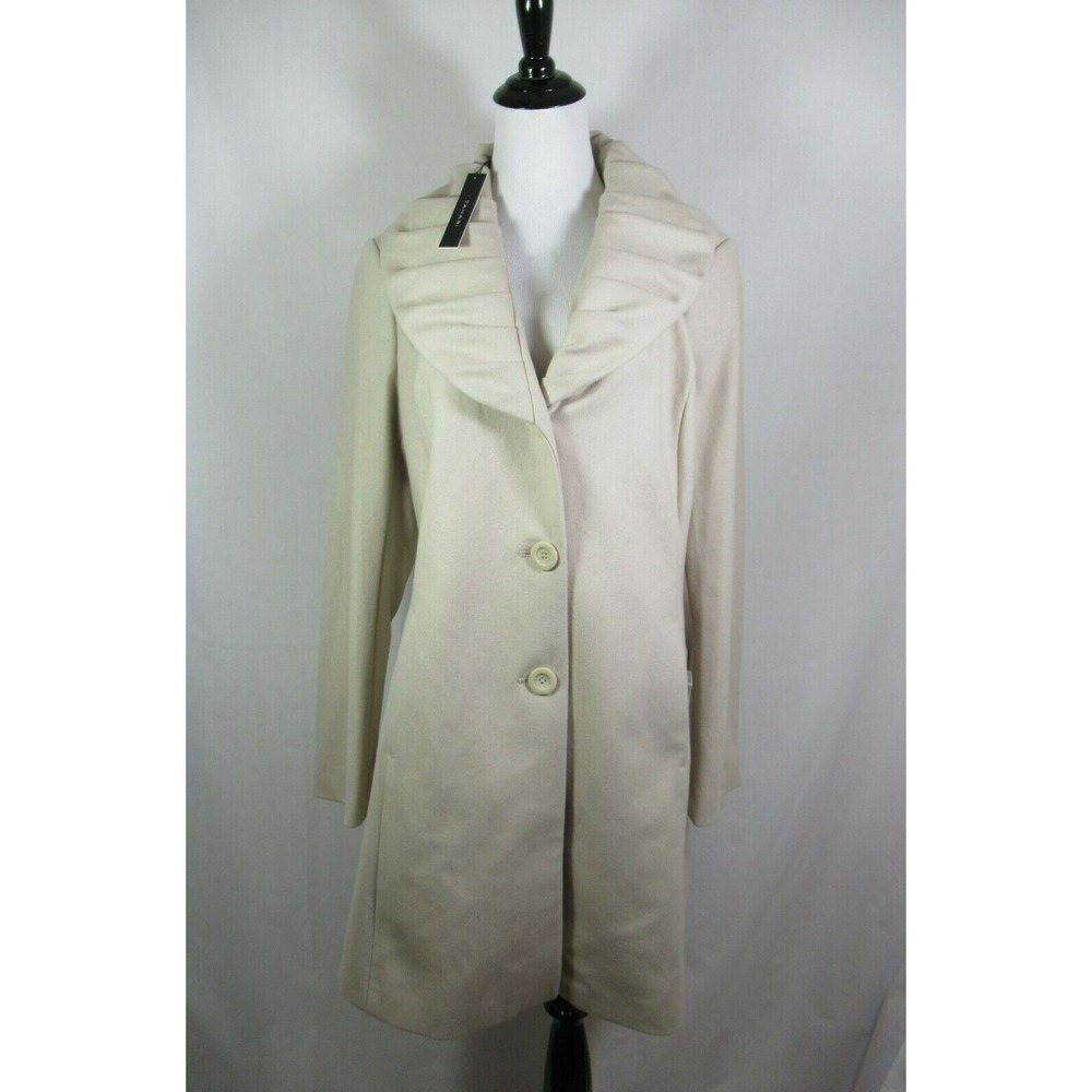 T Tahari Ruffled Skirted Walker Coat Size XL "Macramé" Bone Color Wool Blend